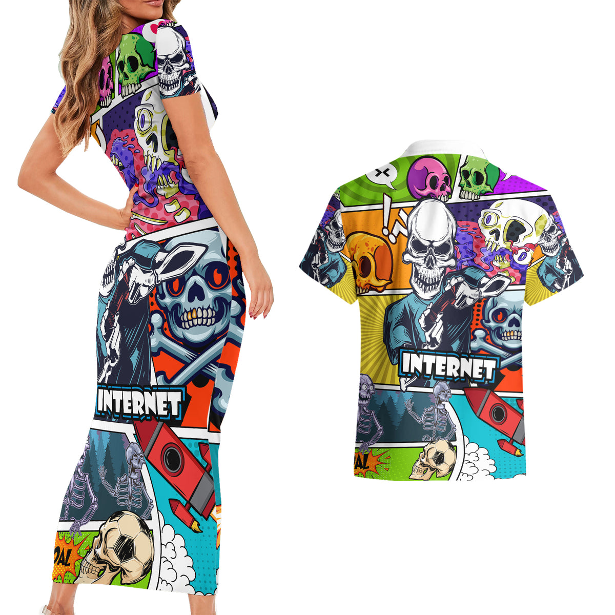 Comic Skull Couples Matching Short Sleeve Bodycon Dress and Hawaiian Shirt Pop Art Cartoon Skull Funny - Wonder Print Shop
