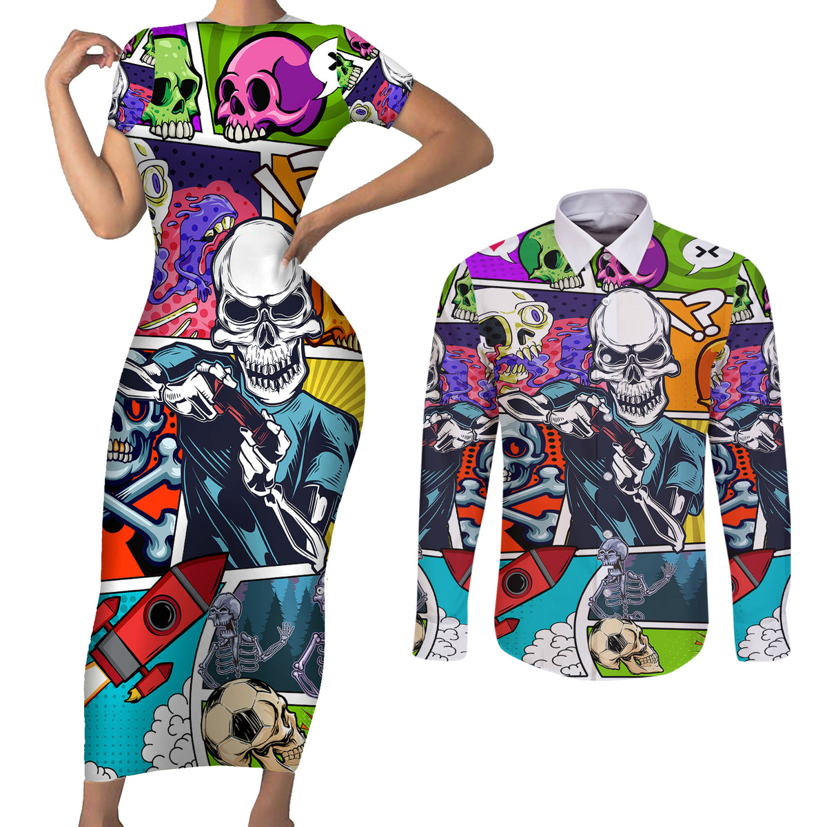 Comic Skull Couples Matching Short Sleeve Bodycon Dress and Long Sleeve Button Shirts Pop Art Cartoon Skull Funny - Wonder Print Shop