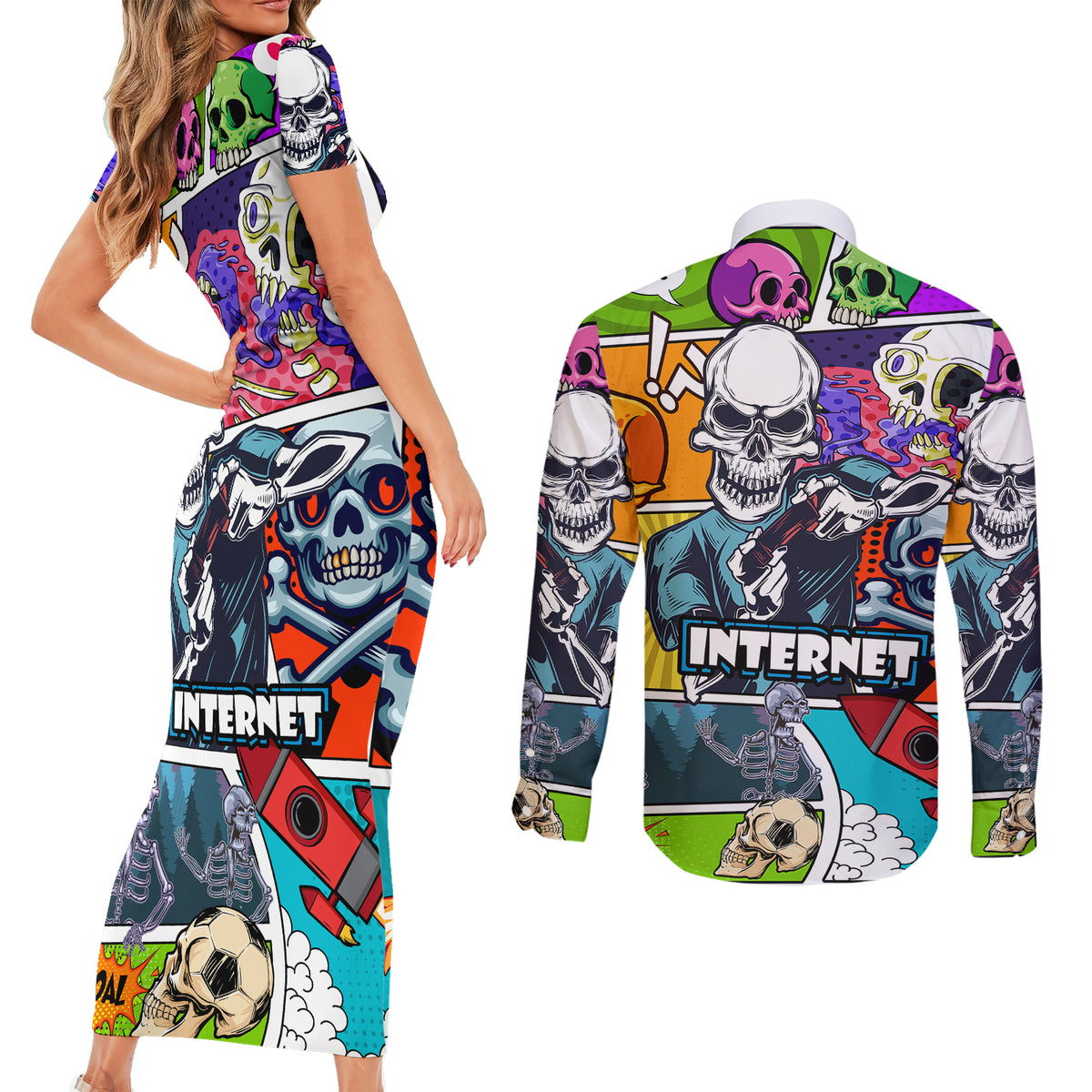 Comic Skull Couples Matching Short Sleeve Bodycon Dress and Long Sleeve Button Shirts Pop Art Cartoon Skull Funny - Wonder Print Shop
