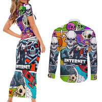 Comic Skull Couples Matching Short Sleeve Bodycon Dress and Long Sleeve Button Shirts Pop Art Cartoon Skull Funny - Wonder Print Shop