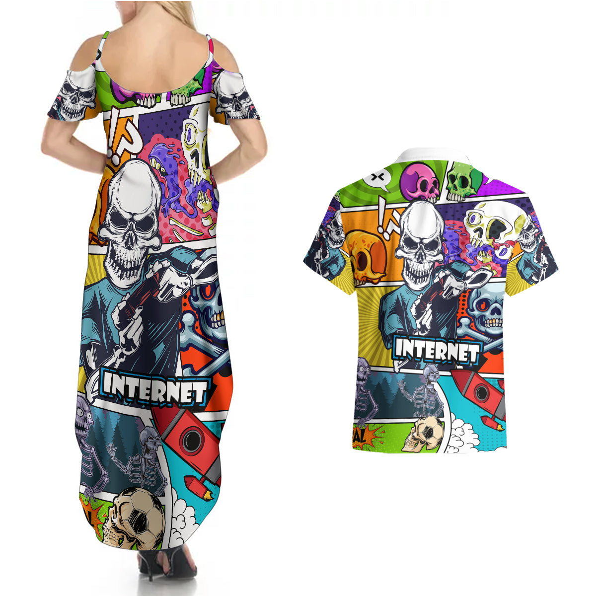 Comic Skull Couples Matching Summer Maxi Dress and Hawaiian Shirt Pop Art Cartoon Skull Funny - Wonder Print Shop