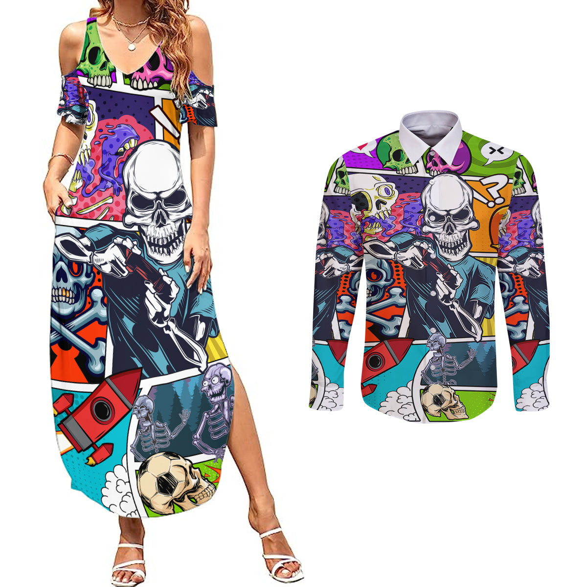 Comic Skull Couples Matching Summer Maxi Dress and Long Sleeve Button Shirts Pop Art Cartoon Skull Funny - Wonder Print Shop