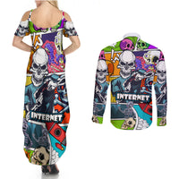 Comic Skull Couples Matching Summer Maxi Dress and Long Sleeve Button Shirts Pop Art Cartoon Skull Funny - Wonder Print Shop