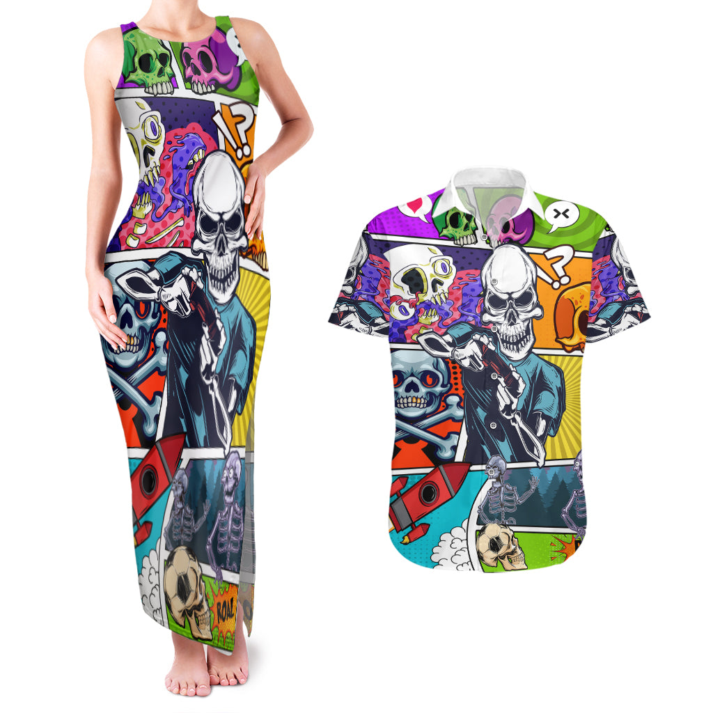 Comic Skull Couples Matching Tank Maxi Dress and Hawaiian Shirt Pop Art Cartoon Skull Funny - Wonder Print Shop