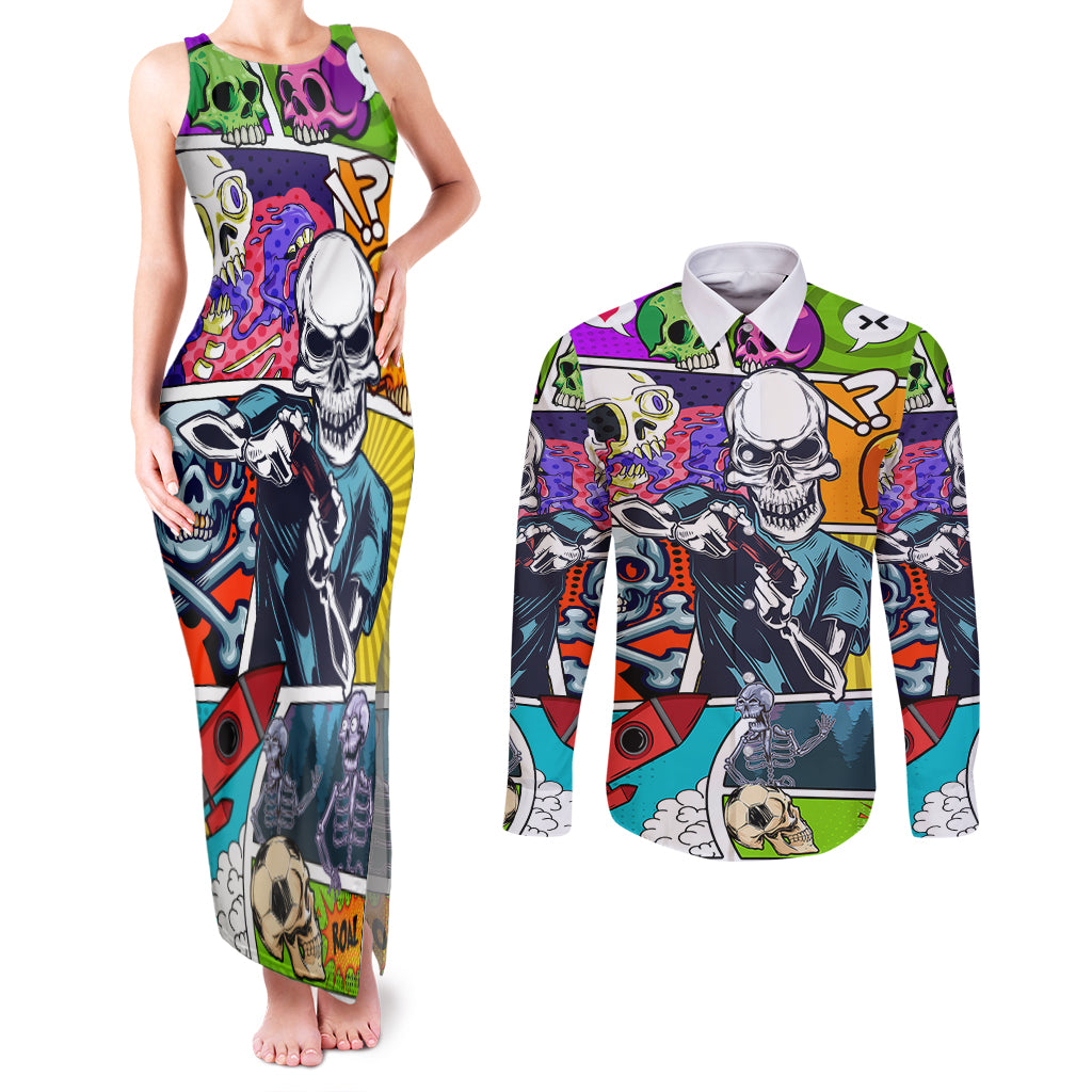 Comic Skull Couples Matching Tank Maxi Dress and Long Sleeve Button Shirts Pop Art Cartoon Skull Funny - Wonder Print Shop