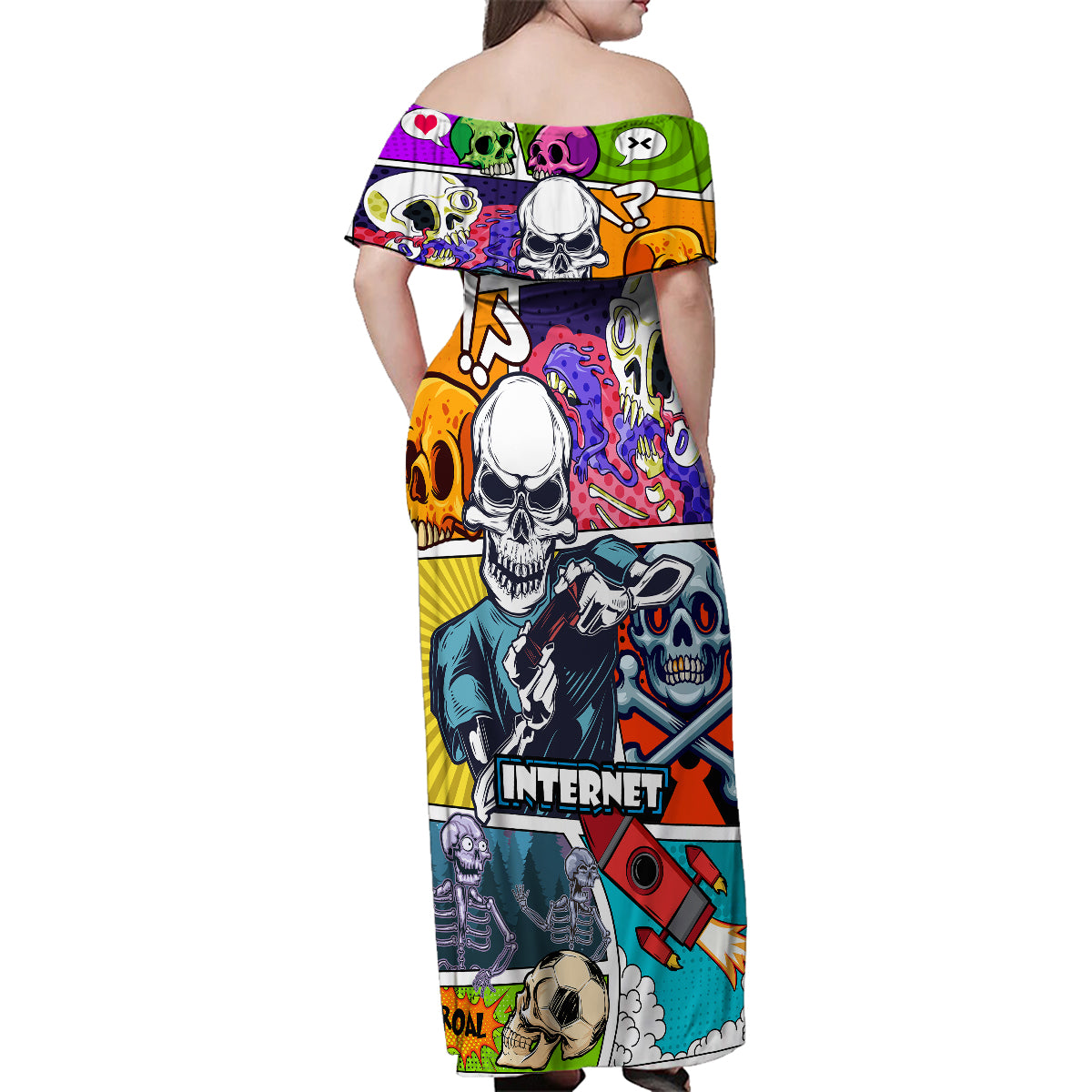 Comic Skull Family Matching Off Shoulder Maxi Dress and Hawaiian Shirt Pop Art Cartoon Skull Funny - Wonder Print Shop