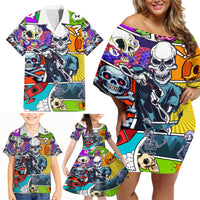 Comic Skull Family Matching Off Shoulder Short Dress and Hawaiian Shirt Pop Art Cartoon Skull Funny - Wonder Print Shop