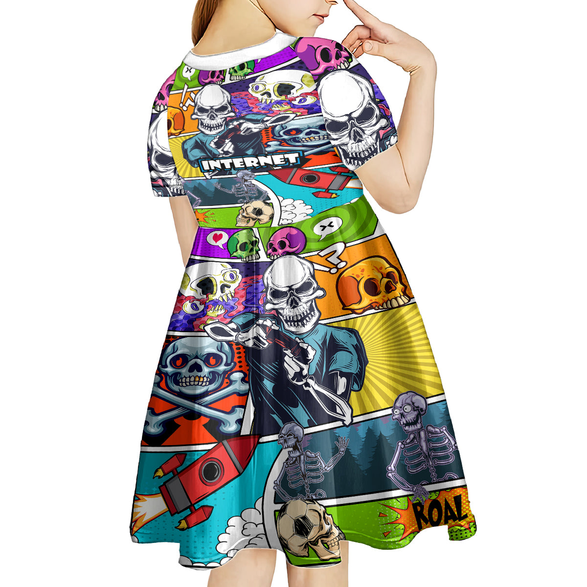 Comic Skull Kid Short Sleeve Dress Pop Art Cartoon Skull Funny - Wonder Print Shop