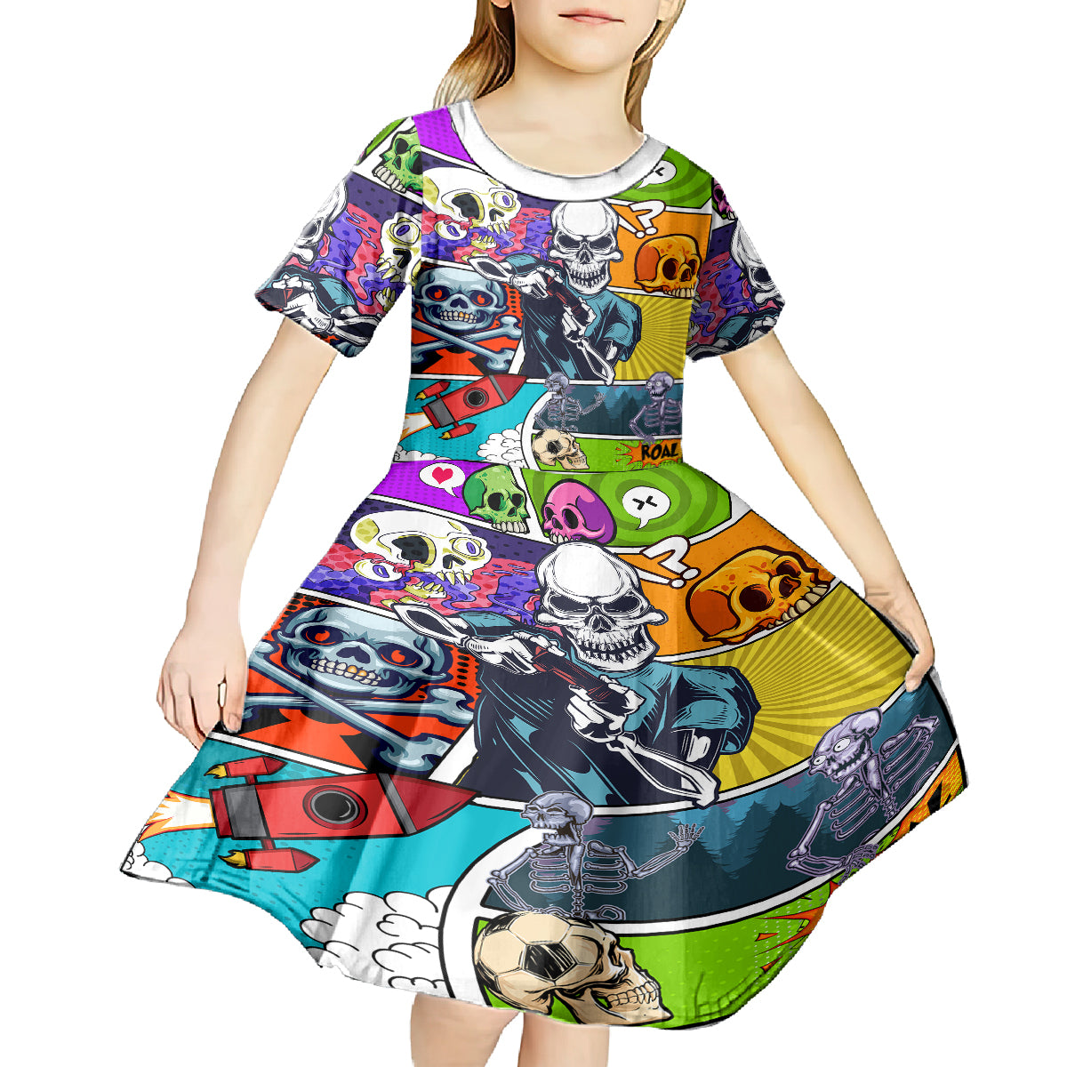 Comic Skull Kid Short Sleeve Dress Pop Art Cartoon Skull Funny - Wonder Print Shop