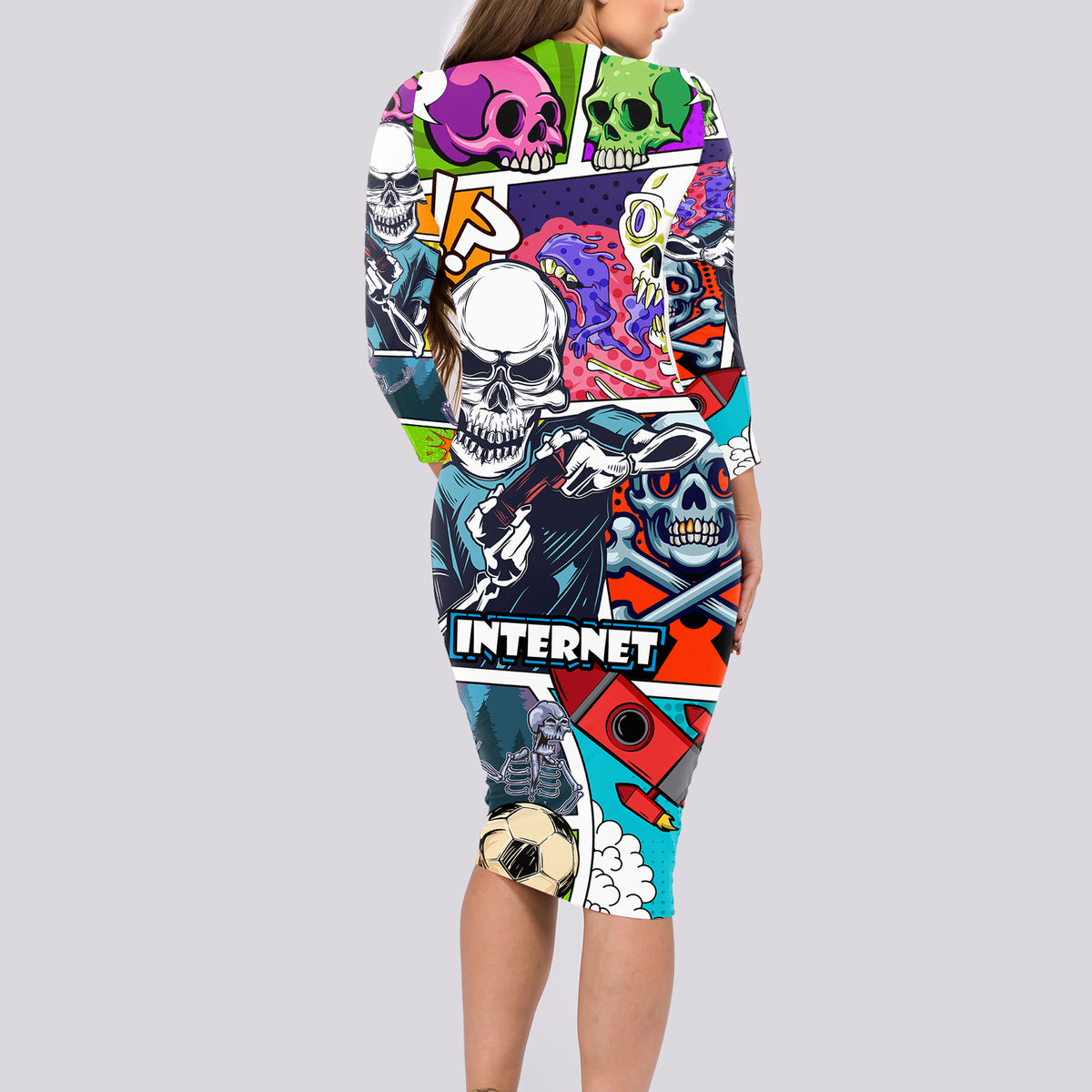 Comic Skull Long Sleeve Bodycon Dress Pop Art Cartoon Skull Funny - Wonder Print Shop