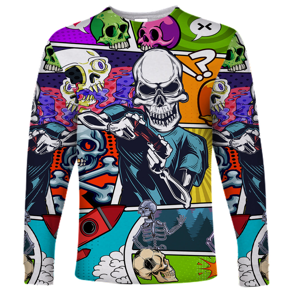 Comic Skull Long Sleeve Shirt Pop Art Cartoon Skull Funny - Wonder Print Shop