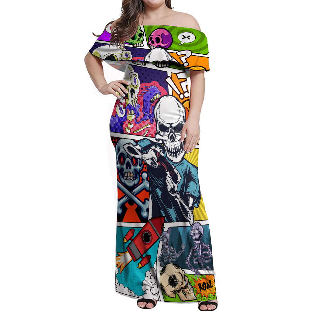 Comic Skull Off Shoulder Maxi Dress Pop Art Cartoon Skull Funny - Wonder Print Shop