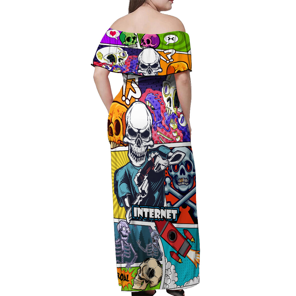 Comic Skull Off Shoulder Maxi Dress Pop Art Cartoon Skull Funny - Wonder Print Shop