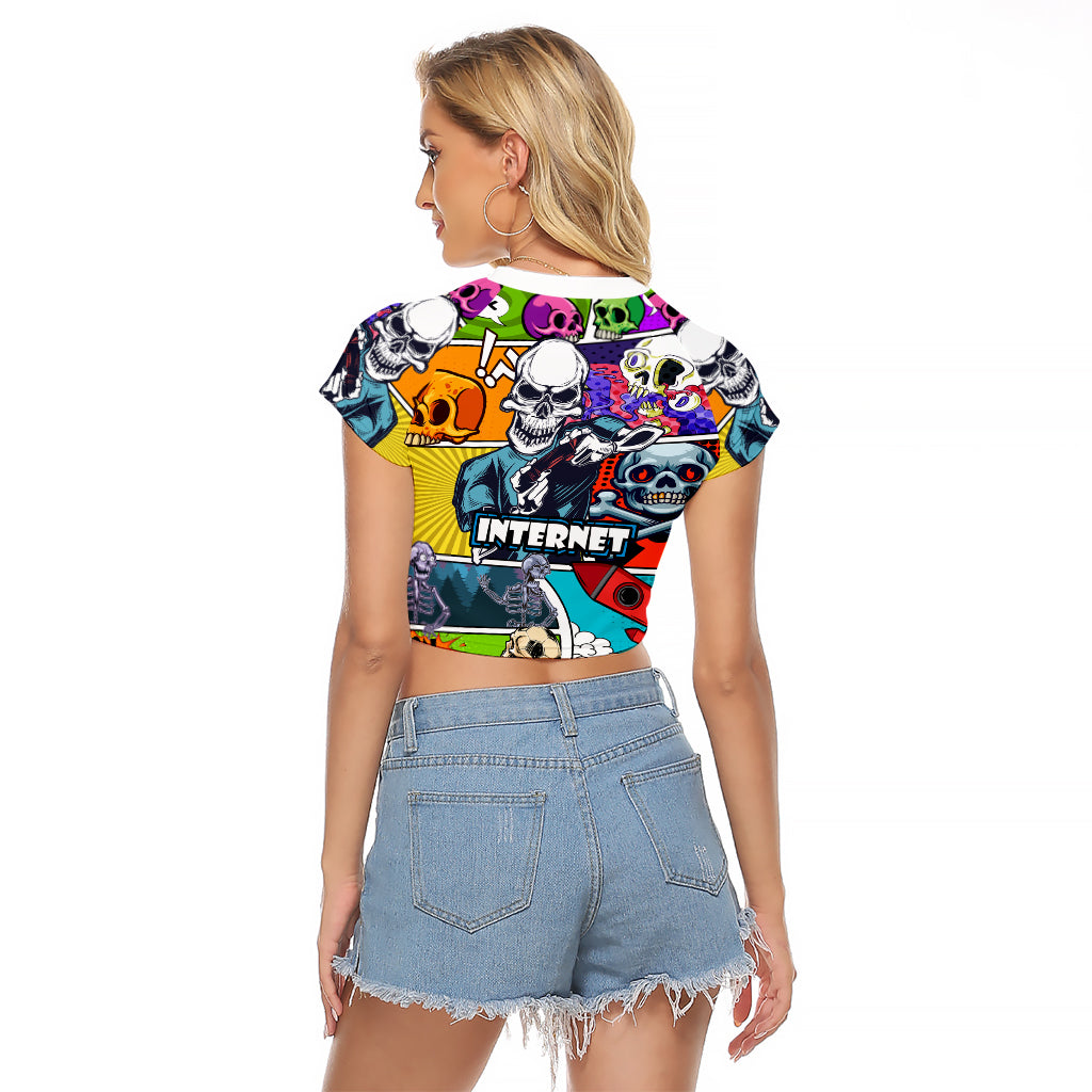 Comic Skull Raglan Cropped T Shirt Pop Art Cartoon Skull Funny - Wonder Print Shop
