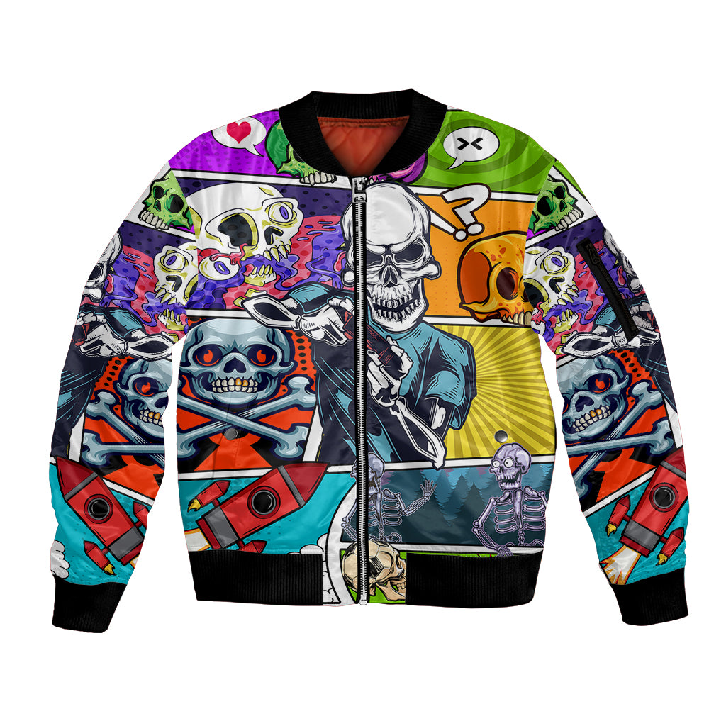 Comic Skull Sleeve Zip Bomber Jacket Pop Art Cartoon Skull Funny - Wonder Print Shop