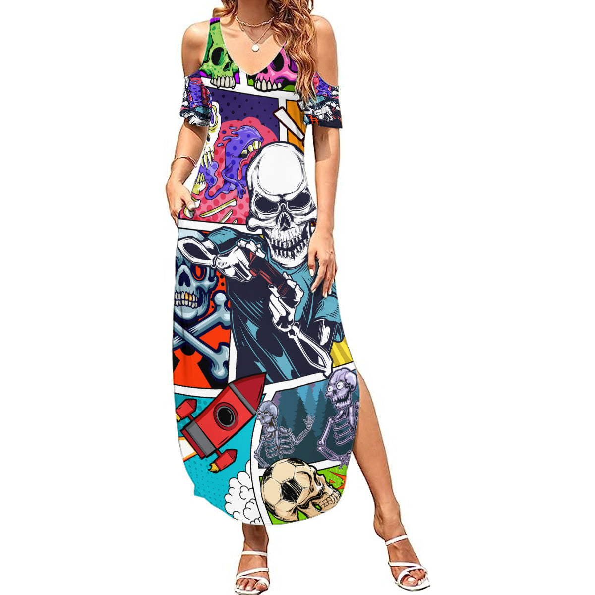 Comic Skull Summer Maxi Dress Pop Art Cartoon Skull Funny - Wonder Print Shop