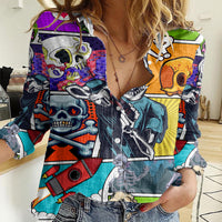 Comic Skull Women Casual Shirt Pop Art Cartoon Skull Funny - Wonder Print Shop