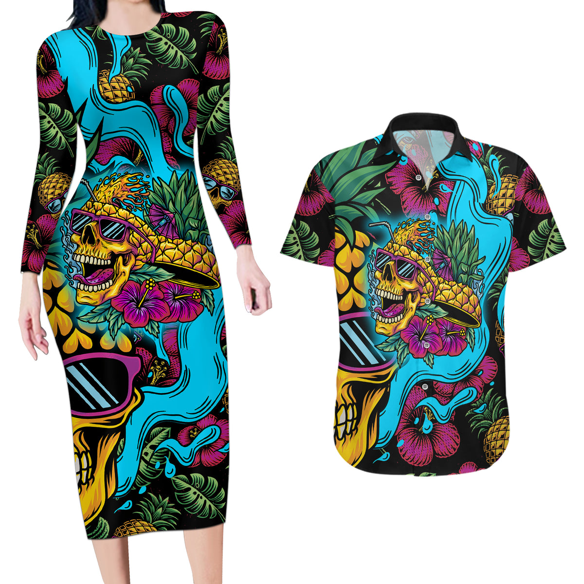 Pineapple Skull Couples Matching Long Sleeve Bodycon Dress and Hawaiian Shirt Sumer Time - Wonder Print Shop