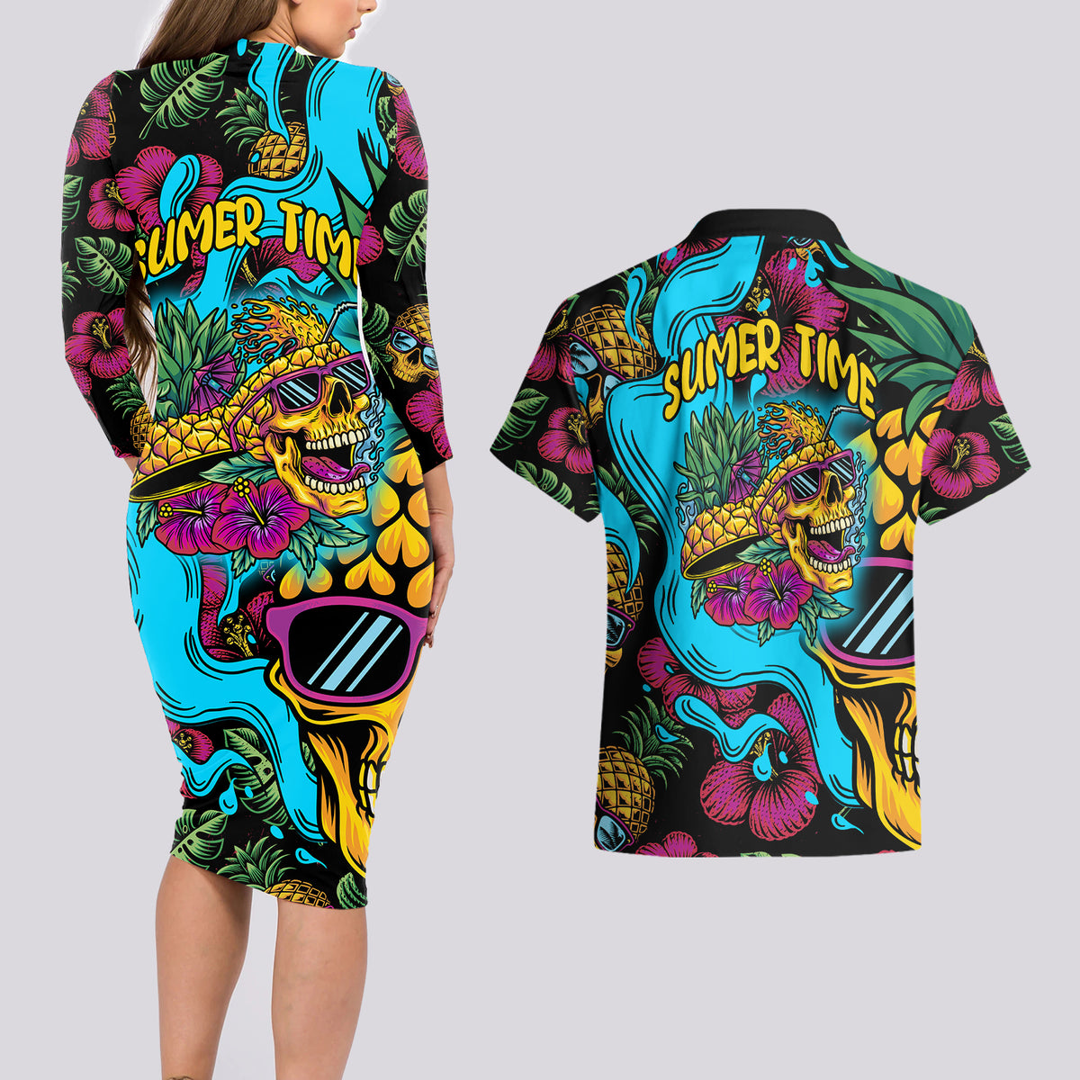 Pineapple Skull Couples Matching Long Sleeve Bodycon Dress and Hawaiian Shirt Sumer Time - Wonder Print Shop