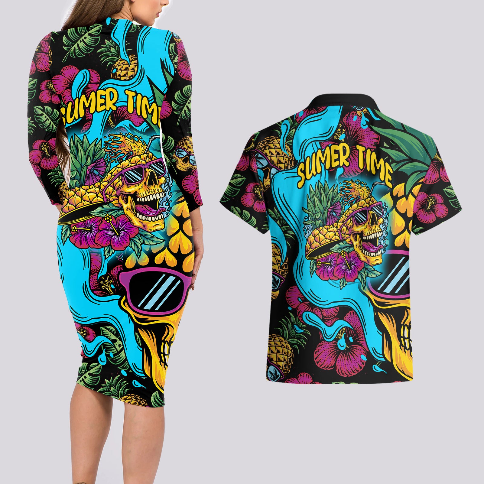 Pineapple Skull Couples Matching Long Sleeve Bodycon Dress and Hawaiian Shirt Sumer Time - Wonder Print Shop