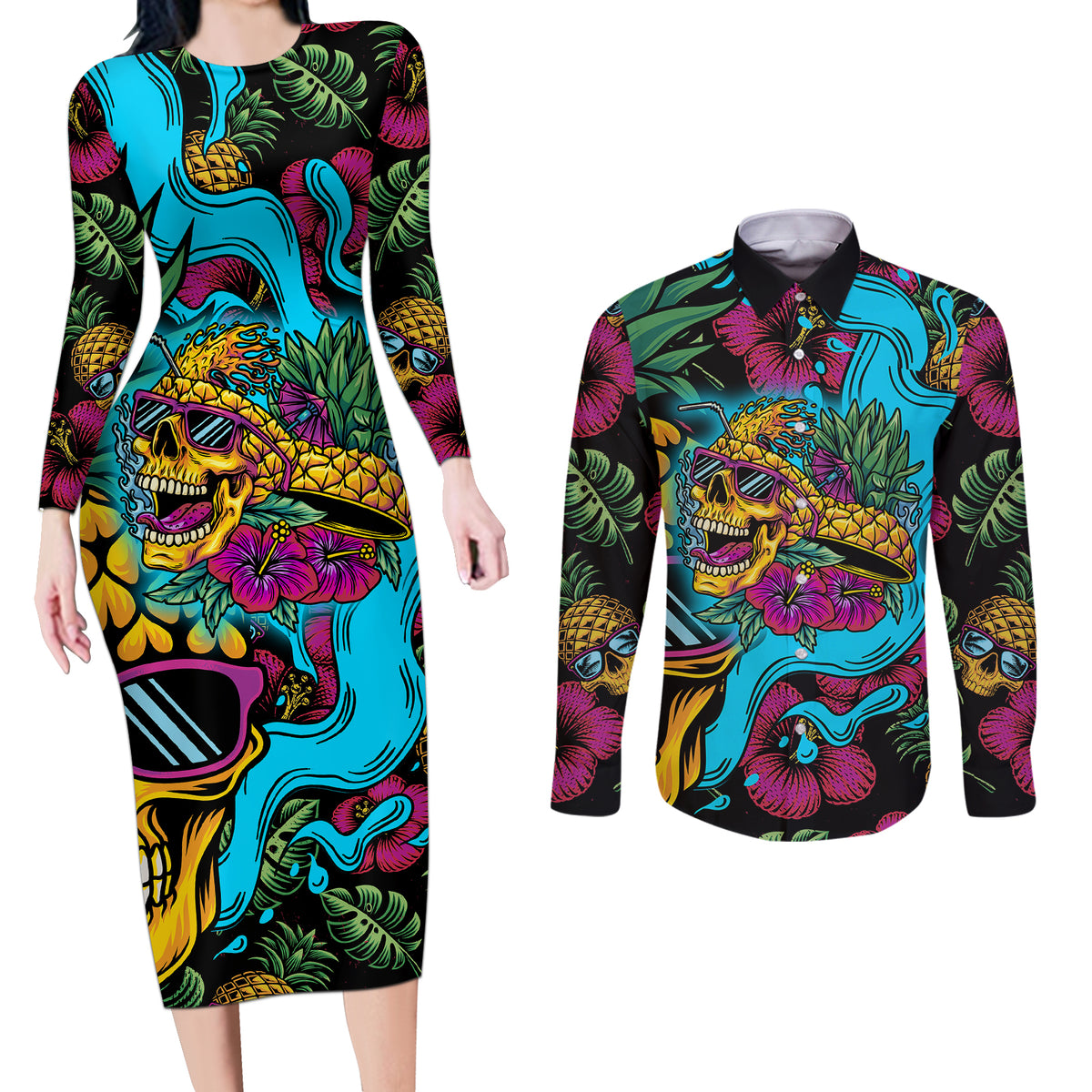 Pineapple Skull Couples Matching Long Sleeve Bodycon Dress and Long Sleeve Button Shirts Sumer Time - Wonder Print Shop