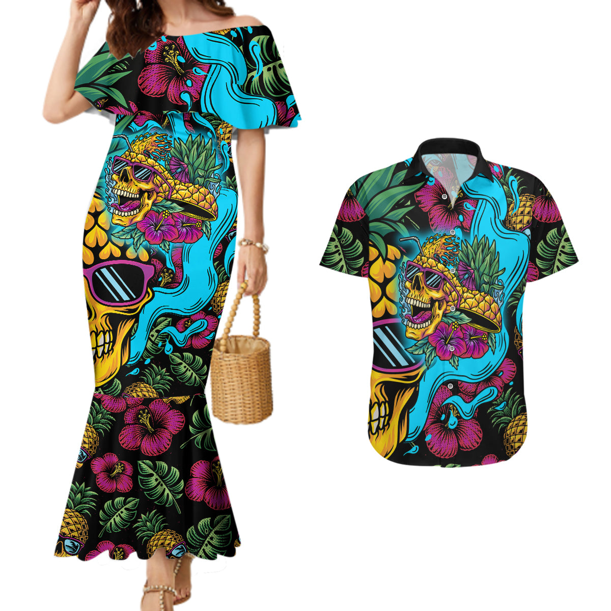 Pineapple Skull Couples Matching Mermaid Dress and Hawaiian Shirt Sumer Time - Wonder Print Shop