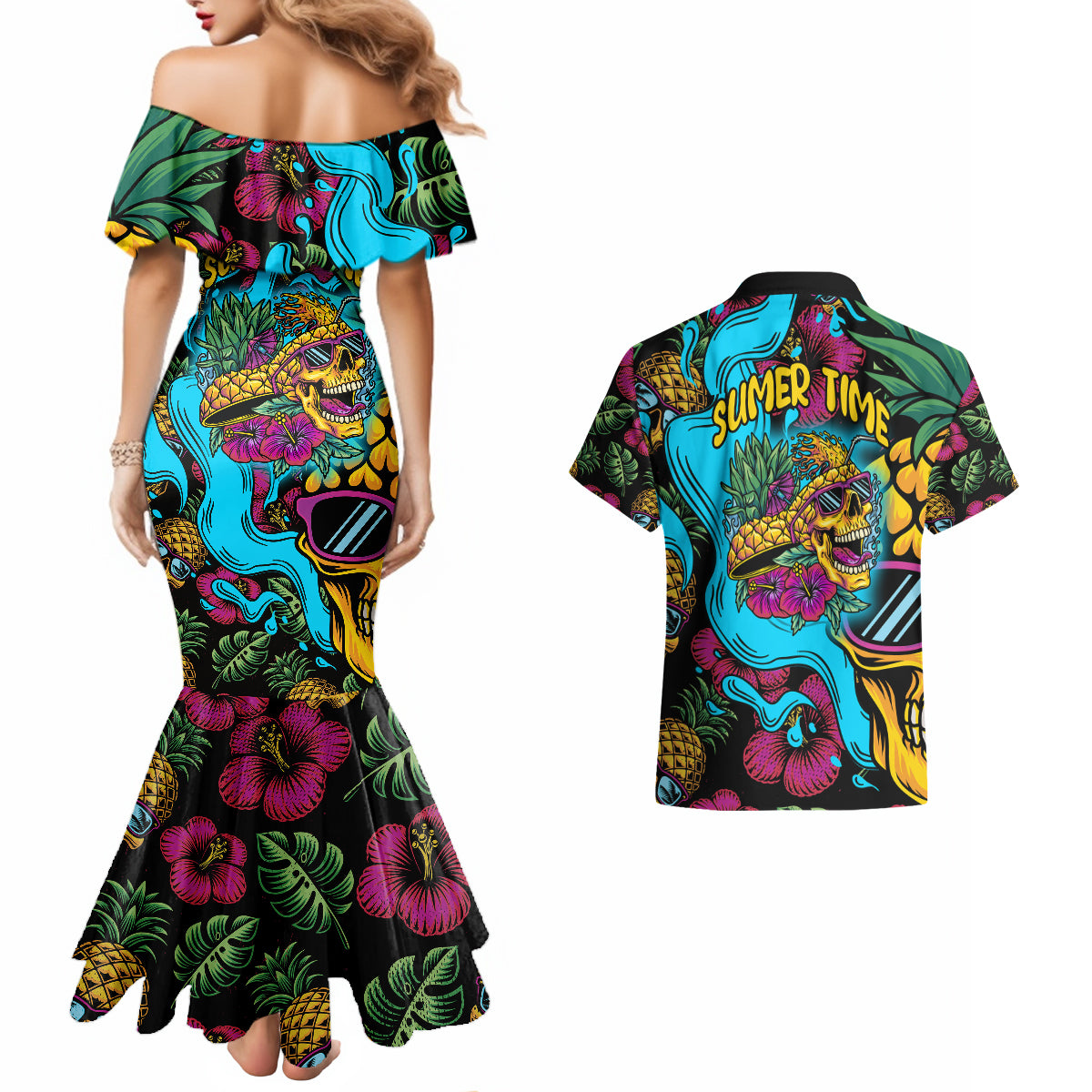 Pineapple Skull Couples Matching Mermaid Dress and Hawaiian Shirt Sumer Time - Wonder Print Shop