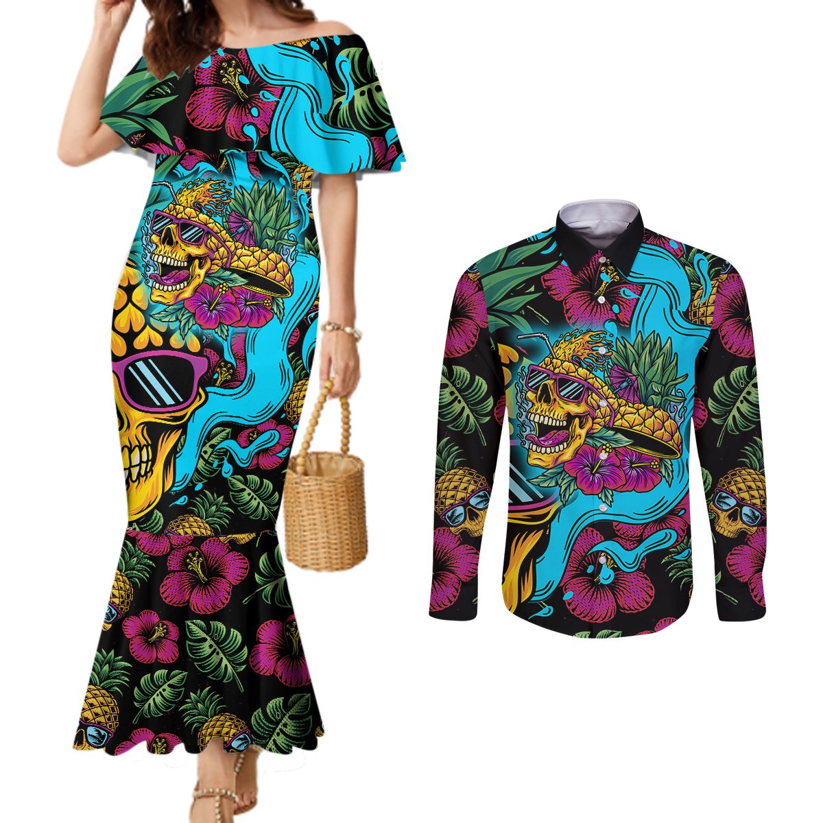 pineapple-skull-couples-matching-mermaid-dress-and-long-sleeve-button-shirts-sumer-time