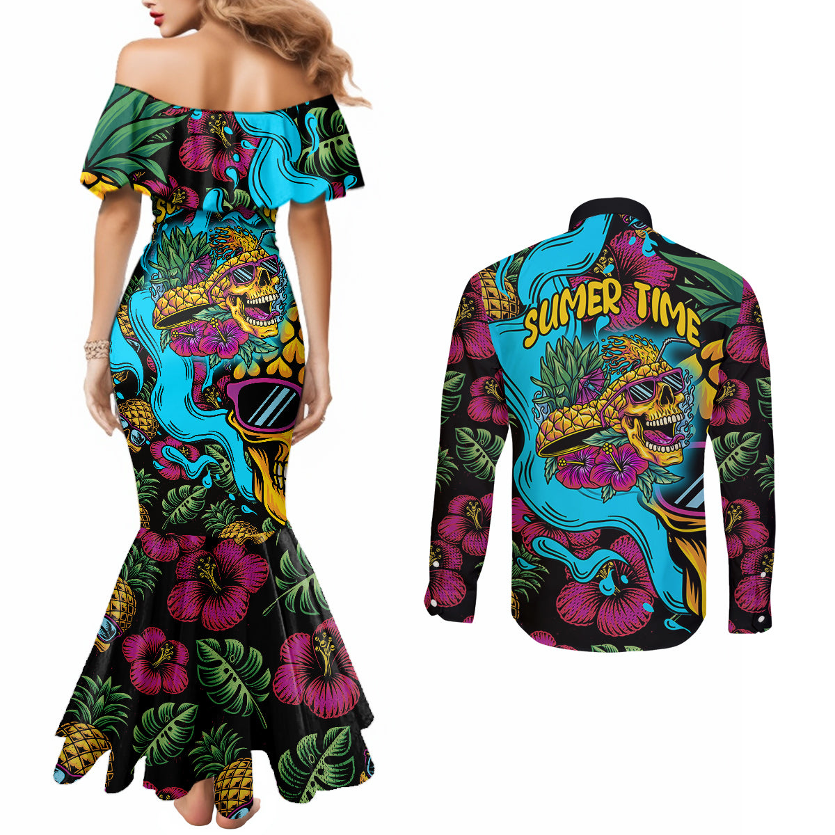 pineapple-skull-couples-matching-mermaid-dress-and-long-sleeve-button-shirts-sumer-time