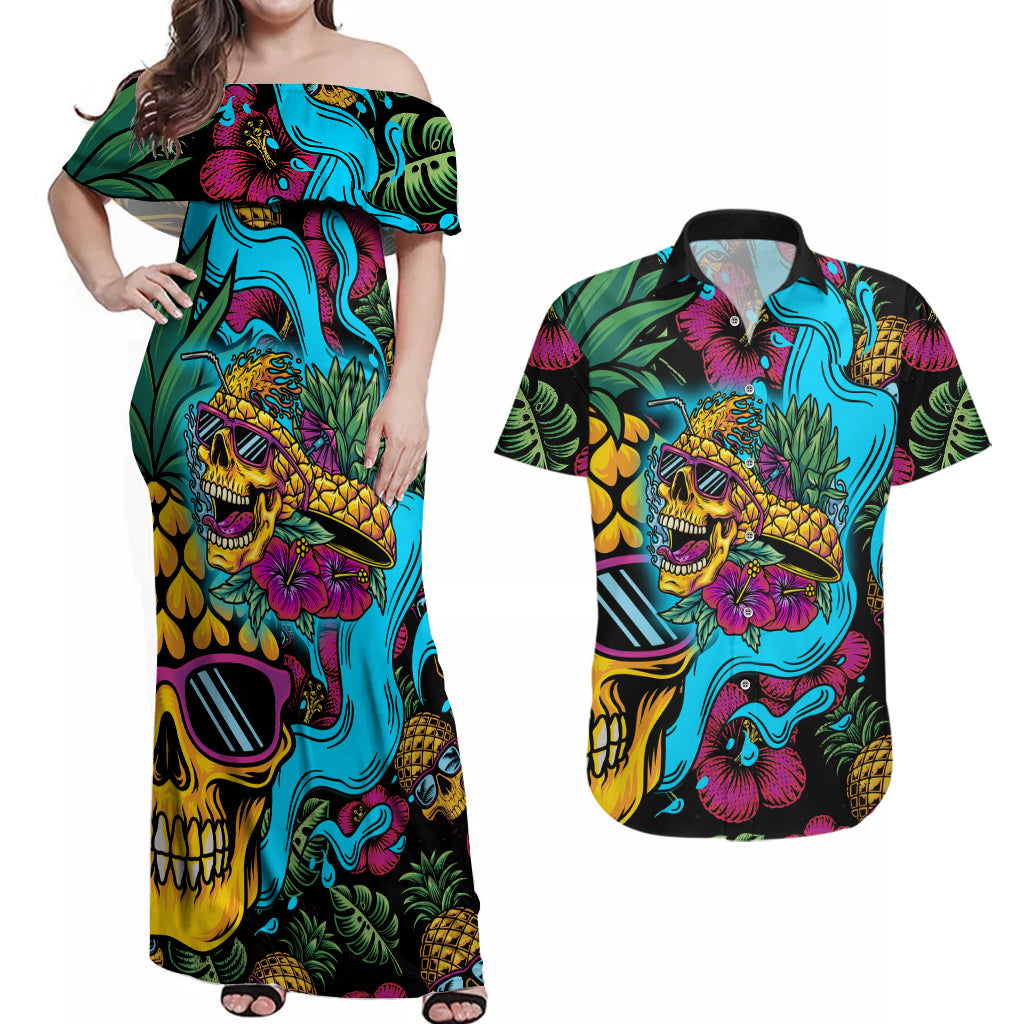 Pineapple Skull Couples Matching Off Shoulder Maxi Dress and Hawaiian Shirt Sumer Time - Wonder Print Shop