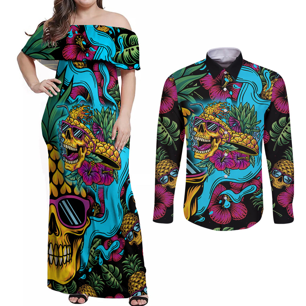 Pineapple Skull Couples Matching Off Shoulder Maxi Dress and Long Sleeve Button Shirts Sumer Time - Wonder Print Shop