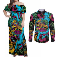 Pineapple Skull Couples Matching Off Shoulder Maxi Dress and Long Sleeve Button Shirts Sumer Time - Wonder Print Shop