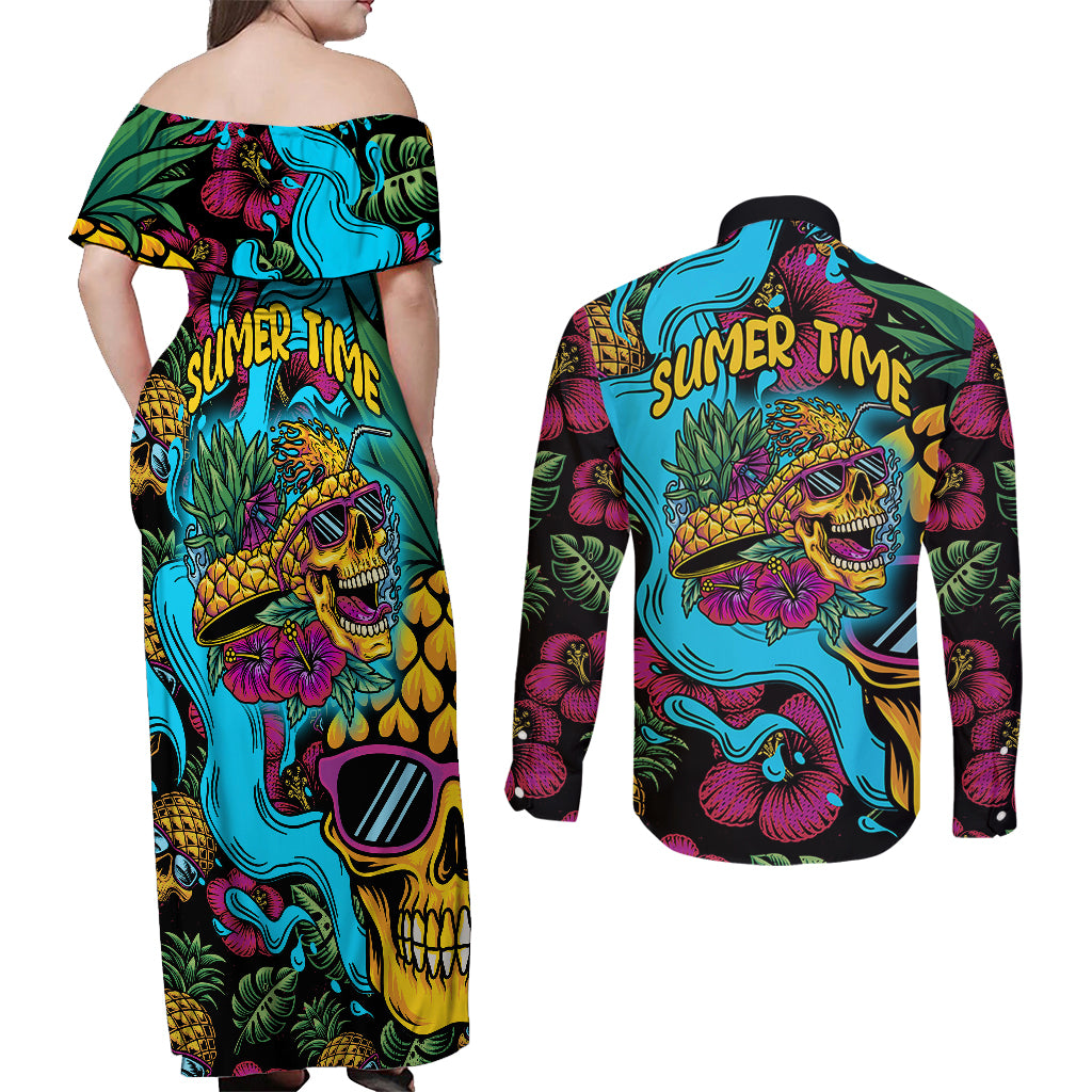 Pineapple Skull Couples Matching Off Shoulder Maxi Dress and Long Sleeve Button Shirts Sumer Time - Wonder Print Shop