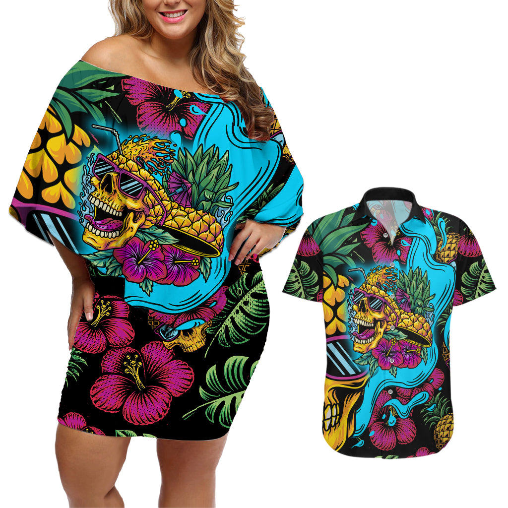 Pineapple Skull Couples Matching Off Shoulder Short Dress and Hawaiian Shirt Sumer Time - Wonder Print Shop