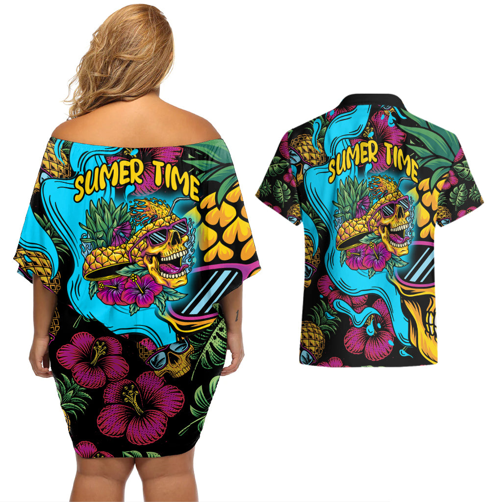 Pineapple Skull Couples Matching Off Shoulder Short Dress and Hawaiian Shirt Sumer Time - Wonder Print Shop