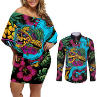 Pineapple Skull Couples Matching Off Shoulder Short Dress and Long Sleeve Button Shirts Sumer Time - Wonder Print Shop