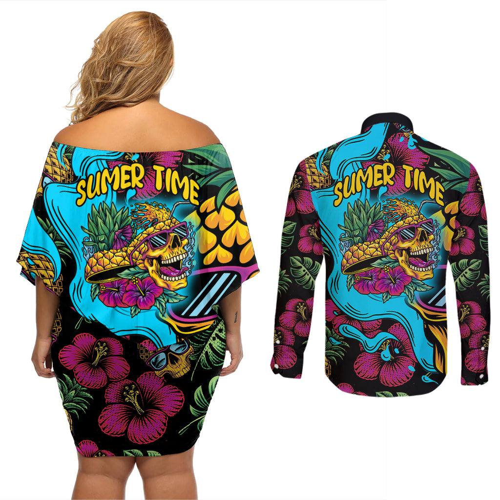 Pineapple Skull Couples Matching Off Shoulder Short Dress and Long Sleeve Button Shirts Sumer Time - Wonder Print Shop