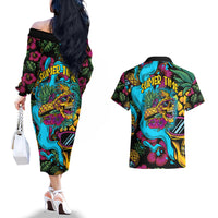 Pineapple Skull Couples Matching Off The Shoulder Long Sleeve Dress and Hawaiian Shirt Sumer Time - Wonder Print Shop