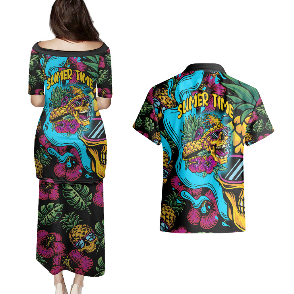 Pineapple Skull Couples Matching Puletasi Dress and Hawaiian Shirt Sumer Time - Wonder Print Shop