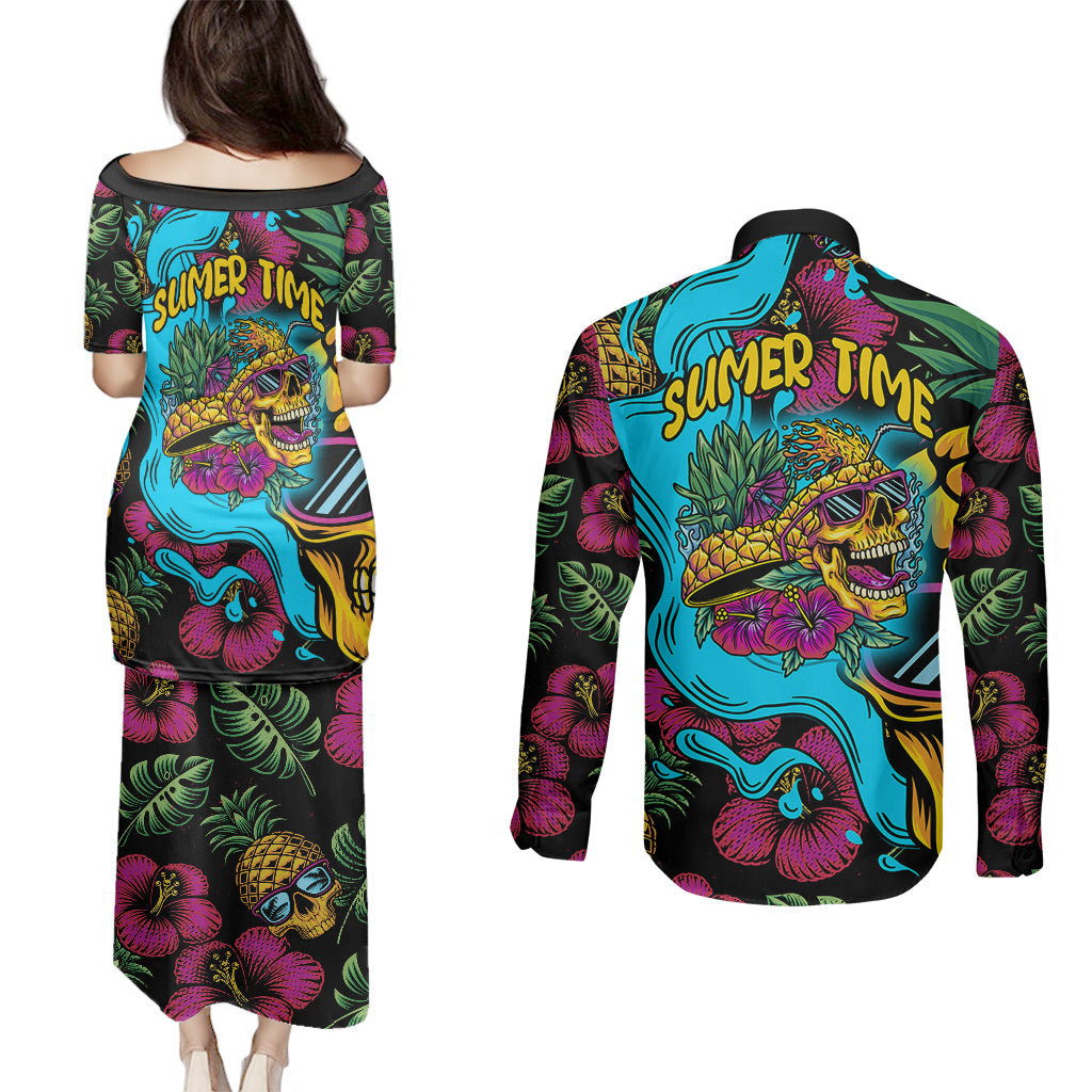 Pineapple Skull Couples Matching Puletasi Dress and Long Sleeve Button Shirts Sumer Time - Wonder Print Shop