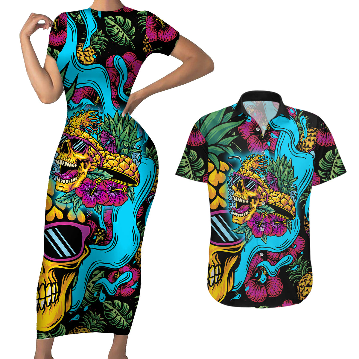 Pineapple Skull Couples Matching Short Sleeve Bodycon Dress and Hawaiian Shirt Sumer Time - Wonder Print Shop