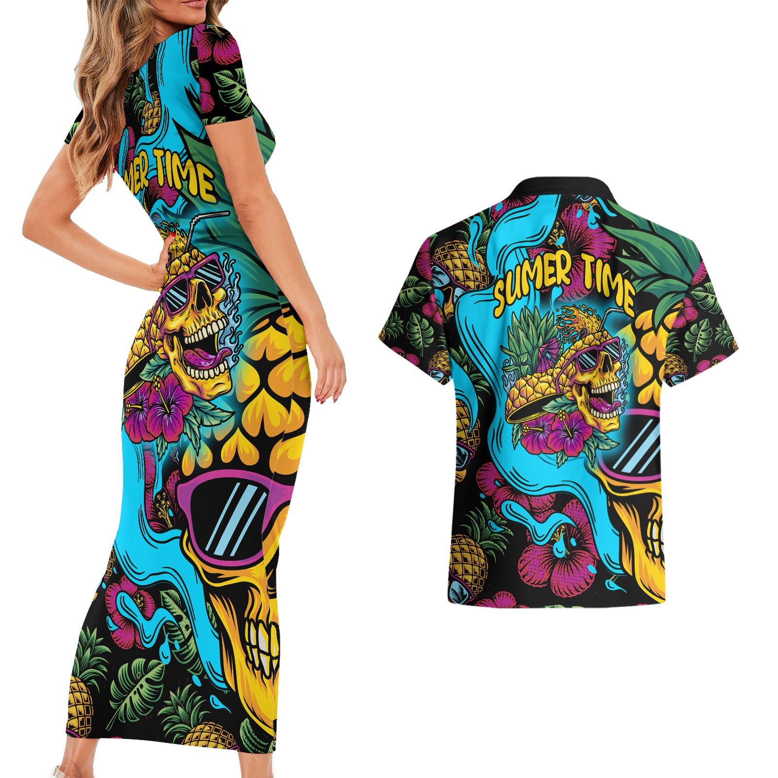 Pineapple Skull Couples Matching Short Sleeve Bodycon Dress and Hawaiian Shirt Sumer Time - Wonder Print Shop
