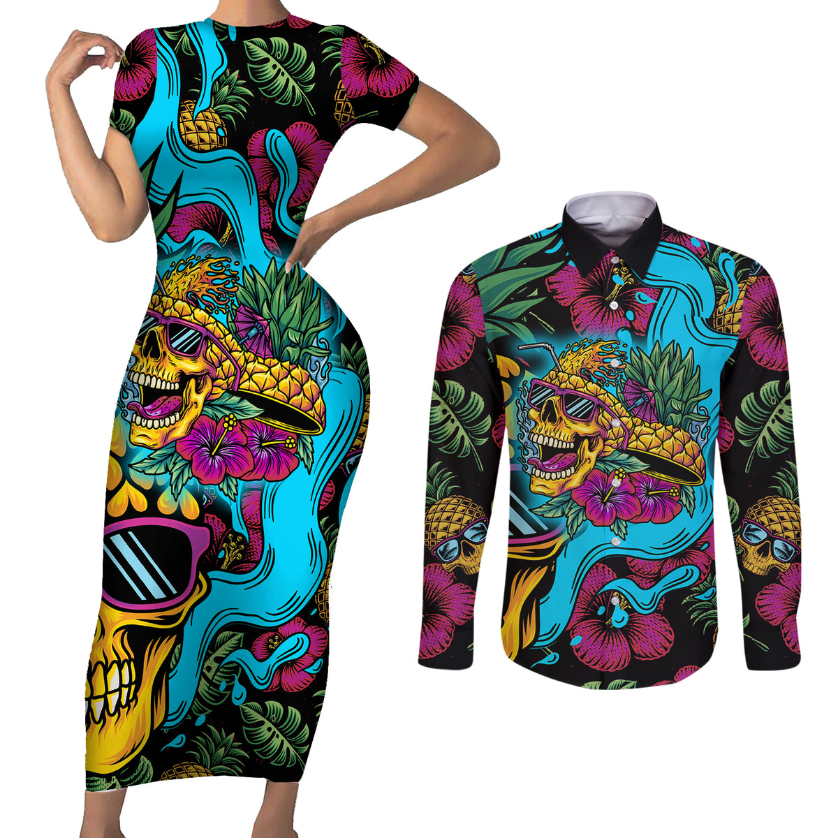 Pineapple Skull Couples Matching Short Sleeve Bodycon Dress and Long Sleeve Button Shirts Sumer Time - Wonder Print Shop