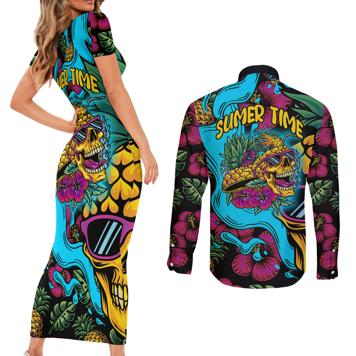 Pineapple Skull Couples Matching Short Sleeve Bodycon Dress and Long Sleeve Button Shirts Sumer Time - Wonder Print Shop