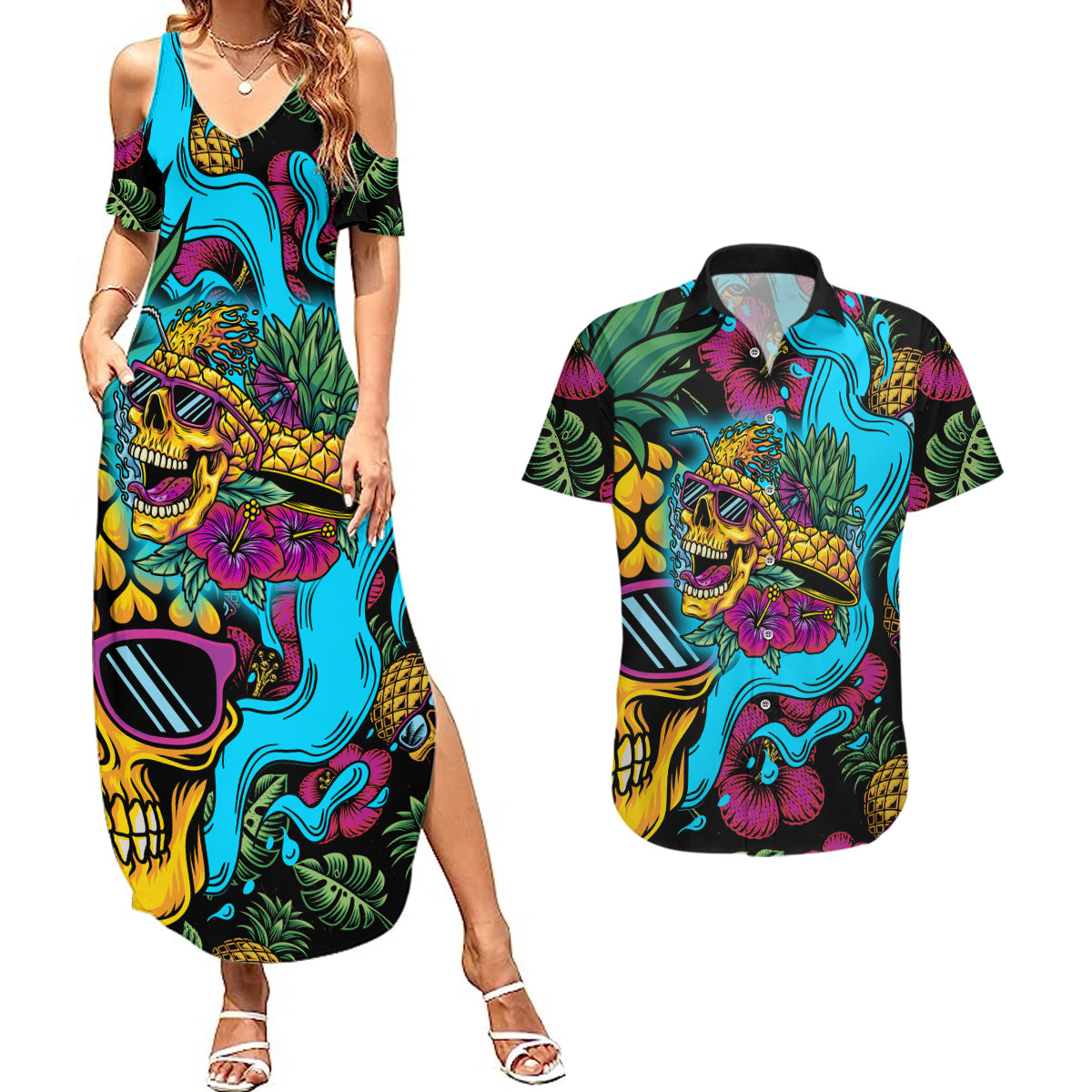 Pineapple Skull Couples Matching Summer Maxi Dress and Hawaiian Shirt Sumer Time - Wonder Print Shop