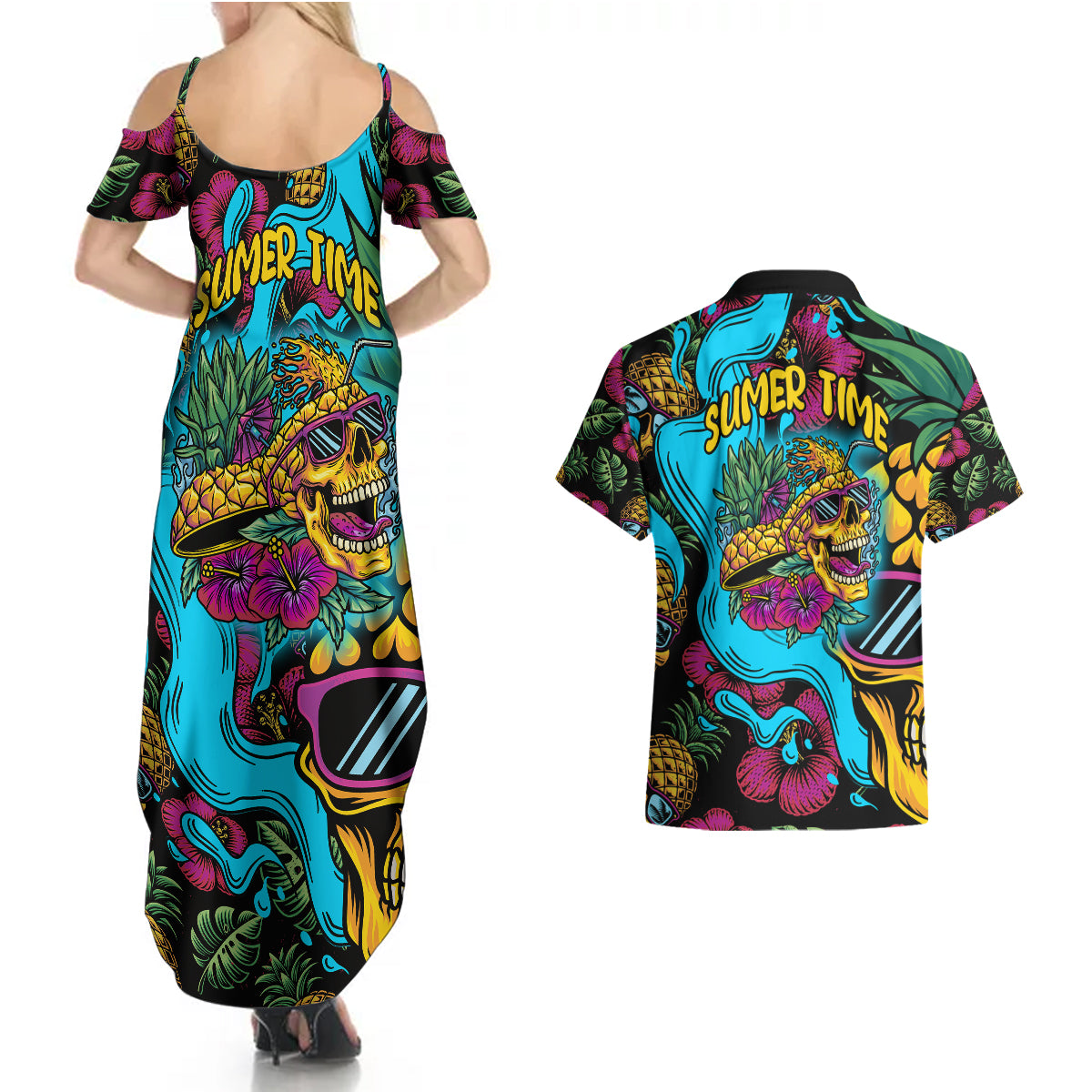 Pineapple Skull Couples Matching Summer Maxi Dress and Hawaiian Shirt Sumer Time - Wonder Print Shop