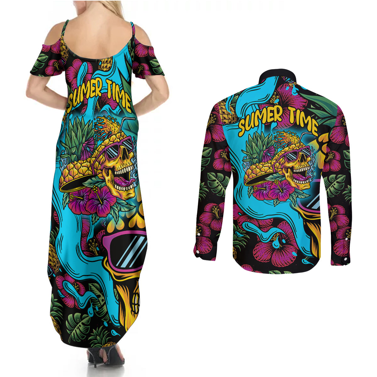 Pineapple Skull Couples Matching Summer Maxi Dress and Long Sleeve Button Shirts Sumer Time - Wonder Print Shop