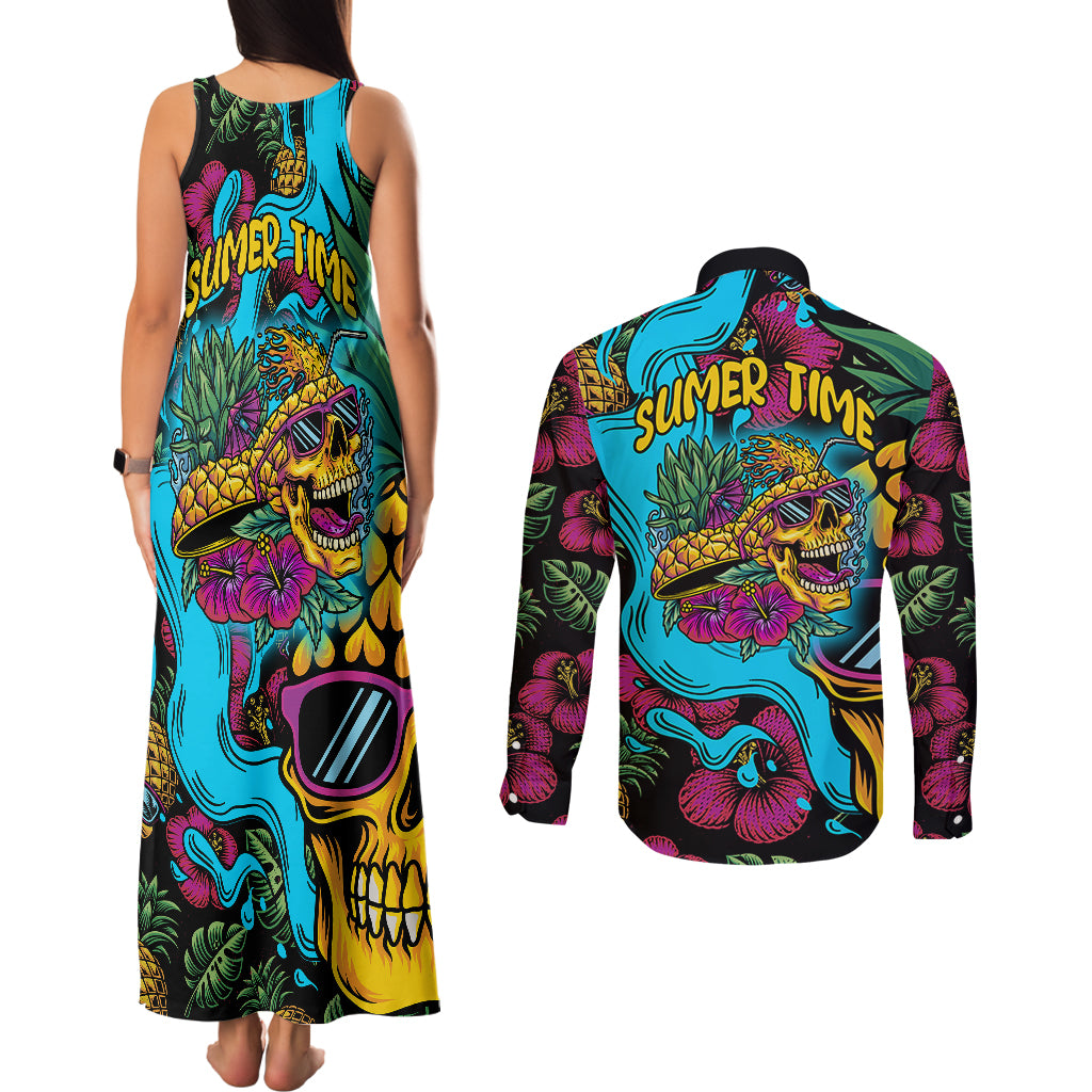 Pineapple Skull Couples Matching Tank Maxi Dress and Long Sleeve Button Shirts Sumer Time - Wonder Print Shop