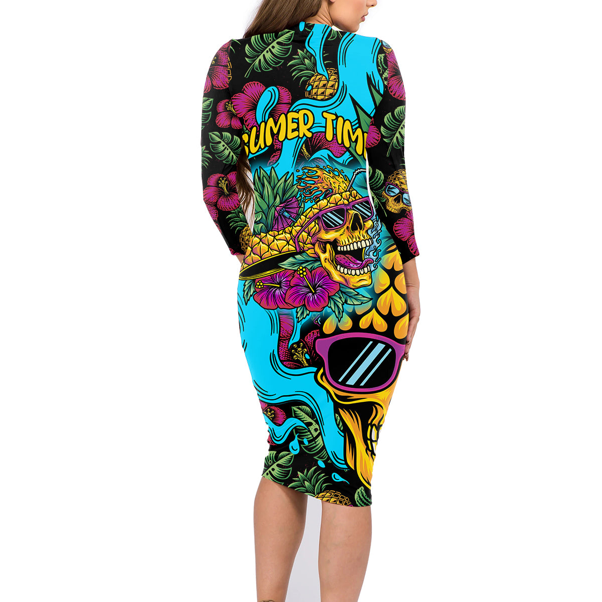Pineapple Skull Family Matching Long Sleeve Bodycon Dress and Hawaiian Shirt Sumer Time - Wonder Print Shop