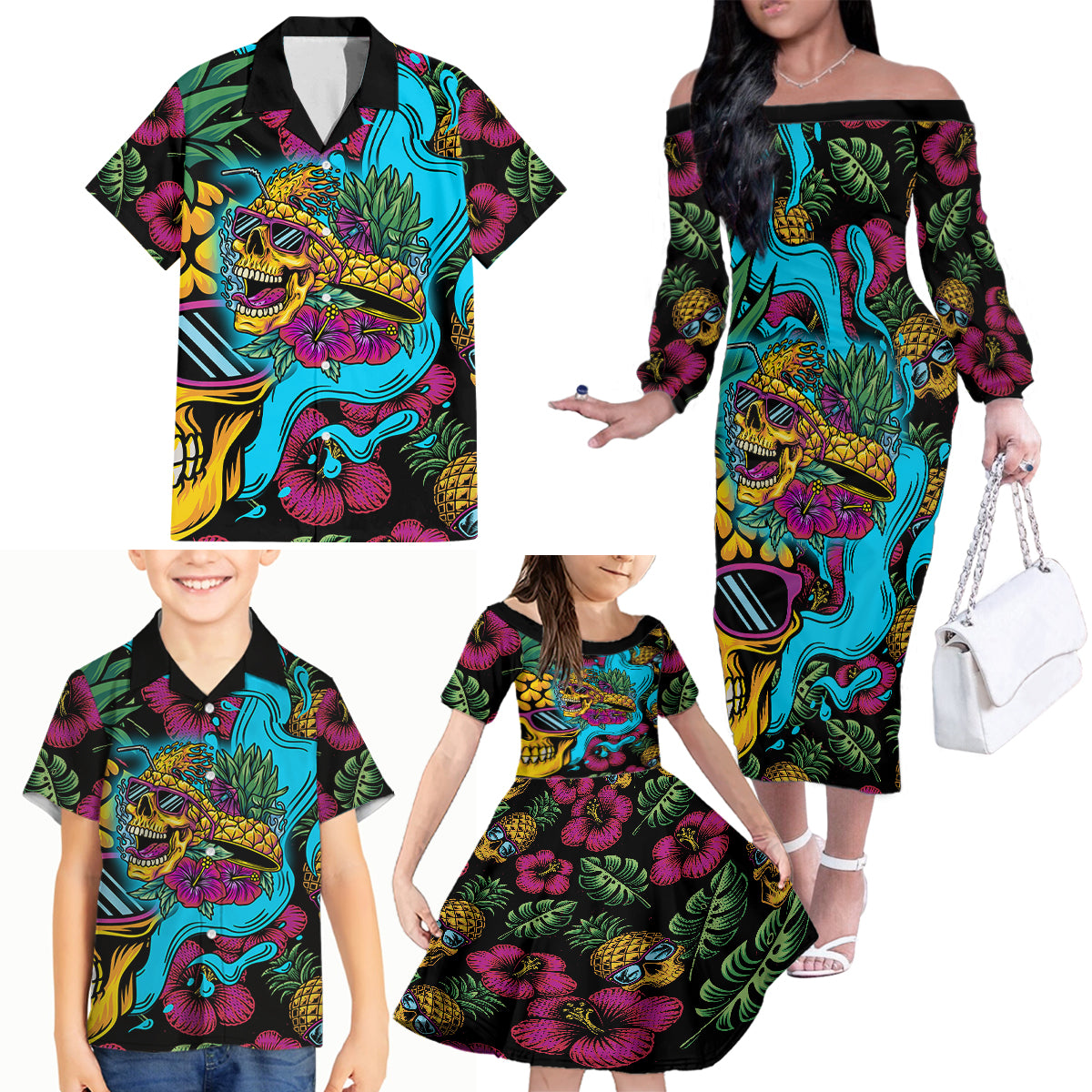 Pineapple Skull Family Matching Off Shoulder Long Sleeve Dress and Hawaiian Shirt Sumer Time - Wonder Print Shop